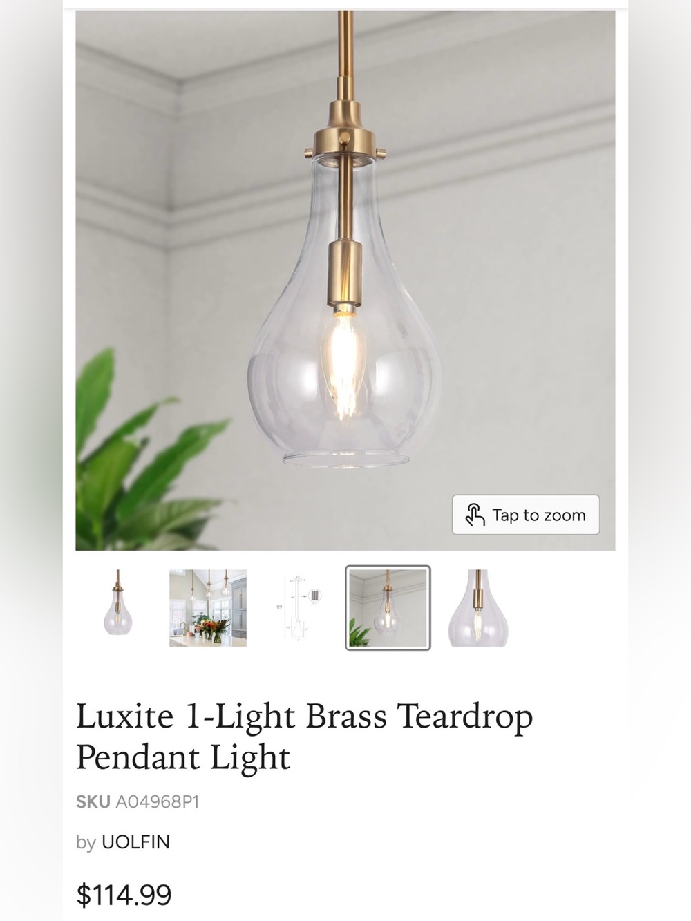 New Luxite 1 light Brass teardrop Pendant Light